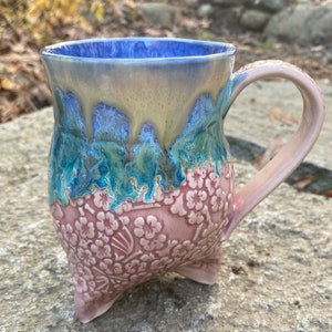 18 Oz Mug, Extra Large Mug, Flower Tripod Mug,  Blue Mug,  Handmade, Ceramic, Pottery Mug, Tea Mug, Coffee Mug, Unique Gift