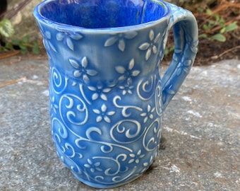 14 Oz Large Mug, Blue Mug,  Flower, Textured Mug,  Handmade  mug, Unique gift,