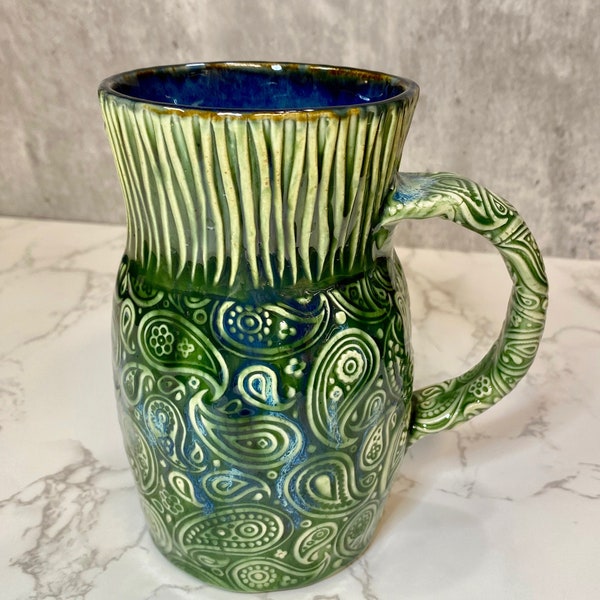 24 Oz Jumbo Mug, Extra Large Mug, Handmade Mug, Green Mug,  Paisley Texture, Ceramic, Pottery Mug, Tea Mug, Coffee Mug, Unique Gift