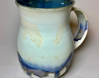 17 Oz Large Mug, Crystalline Glaze, Cream Mug,  Porcelain Mug, Handmade  mug, Blue Mug, White Mug, Unique gift