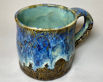 15 Oz Mug, Large Mug, Paisley Mug,  Blue Mug, Brown Mug,  Handmade, Ceramic, Pottery Mug, Tea Mug, Coffee Mug, Unique Gift