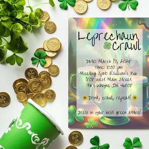 St. Patrick&#39;s Day Party Invite, Pub Crawl, Beer Crawl, Leprechaun, Shamrock, Adult Themed, Editable Digital, Instant Download
