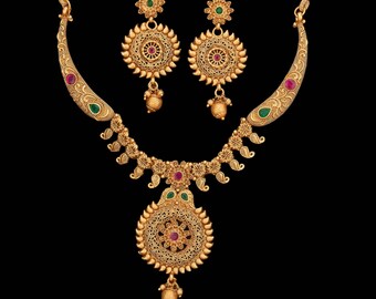 RajwadigoldfinishNecklaceset,Mattgold necklaceset,indianjewelry,designerjewelry,weddingbridaljewelry,6gramgoldplatedjewelry,haslinecklaceset