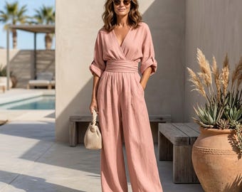 Mono bohemio con escote en V y cintura ajustada para mujer / Mono elegante de pierna ancha / Vestido de verano de corte fluido