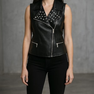 Women&#39;s Studded Leather Jacket Black Leather  Biker Vest Sleeveless Jacket Real Leather Vest Gift For Her Studded Black Vest