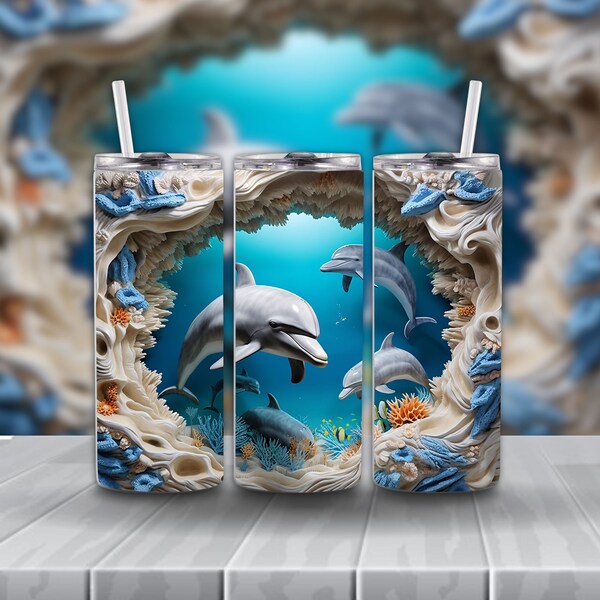 Dolphin 3D Tumbler Wrap Dolphin Cracked Wall Tumbler PNG, 20 Oz Skinny Tumbler Sublimation Design, Instant Download PNG,3D Animals