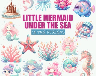Mermaid Clipart Bundle, Watercolor Cute Mermaid Clipart Png, Cute Sea Animals Png, Jelly Fish, Sea Horse Cut Files for Cricut, Silhouette