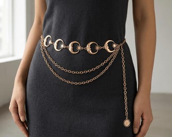 Celestial Moon Gold Chain Waist Belt Gold Tone Celestial Moon & Star Layered Chain Belt – Unique  main image 4