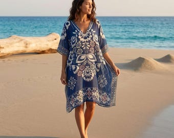 Kaftano estivo in cotone con stampa a blocchi indaco, lungo abito stile boho.