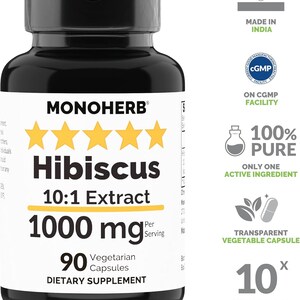 Puede incluir: Una botella negra de suplemento diet&eacute;tico Monoherb Hibiscus 10:1 Extract. La etiqueta presenta el texto "Hibiscus 1000 mg" y "90 c&aacute;psulas vegetarianas". El texto adicional incluye "100% puro" y "Dosis extra de extracto".