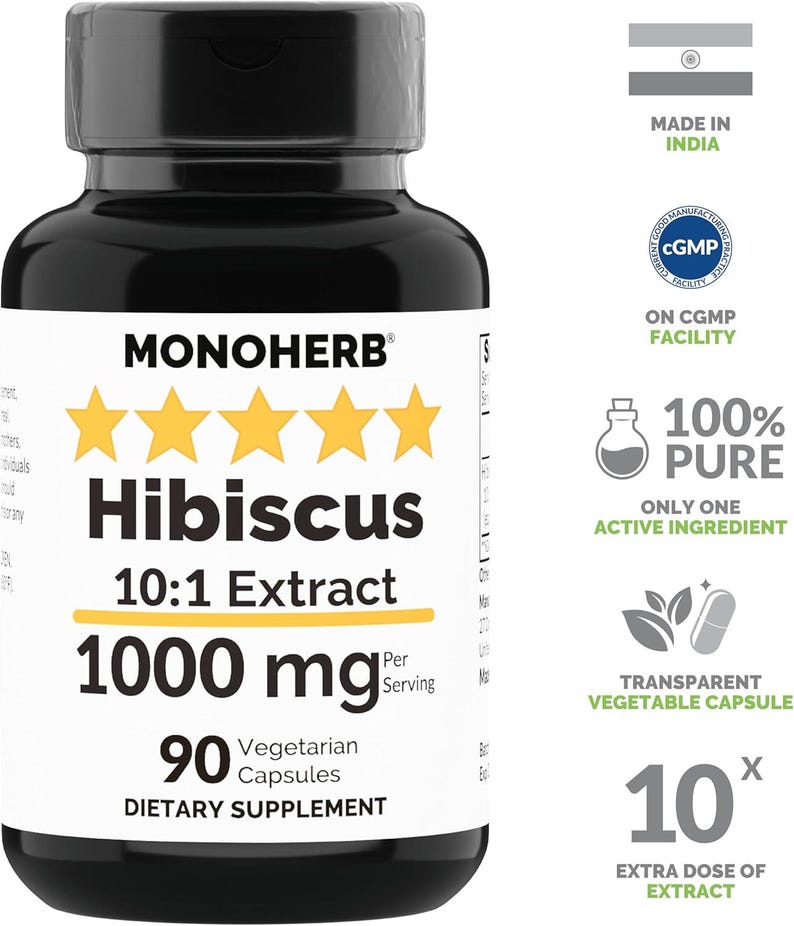 Puede incluir: Una botella negra de suplemento diet&eacute;tico Monoherb Hibiscus 10:1 Extract. La etiqueta presenta el texto "Hibiscus 1000 mg" y "90 c&aacute;psulas vegetarianas". El texto adicional incluye "100% puro" y "Dosis extra de extracto".