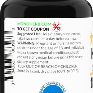 Puede incluir: Una botella de suplemento negra con una etiqueta blanca. La etiqueta incluye el texto "MONOHERB.COM", "TO GET COUPON" e instrucciones de uso. Tambi&eacute;n son visibles un c&oacute;digo de barras y un sello "CGMP". La botella est&aacute; llena de c&aacute;psulas.