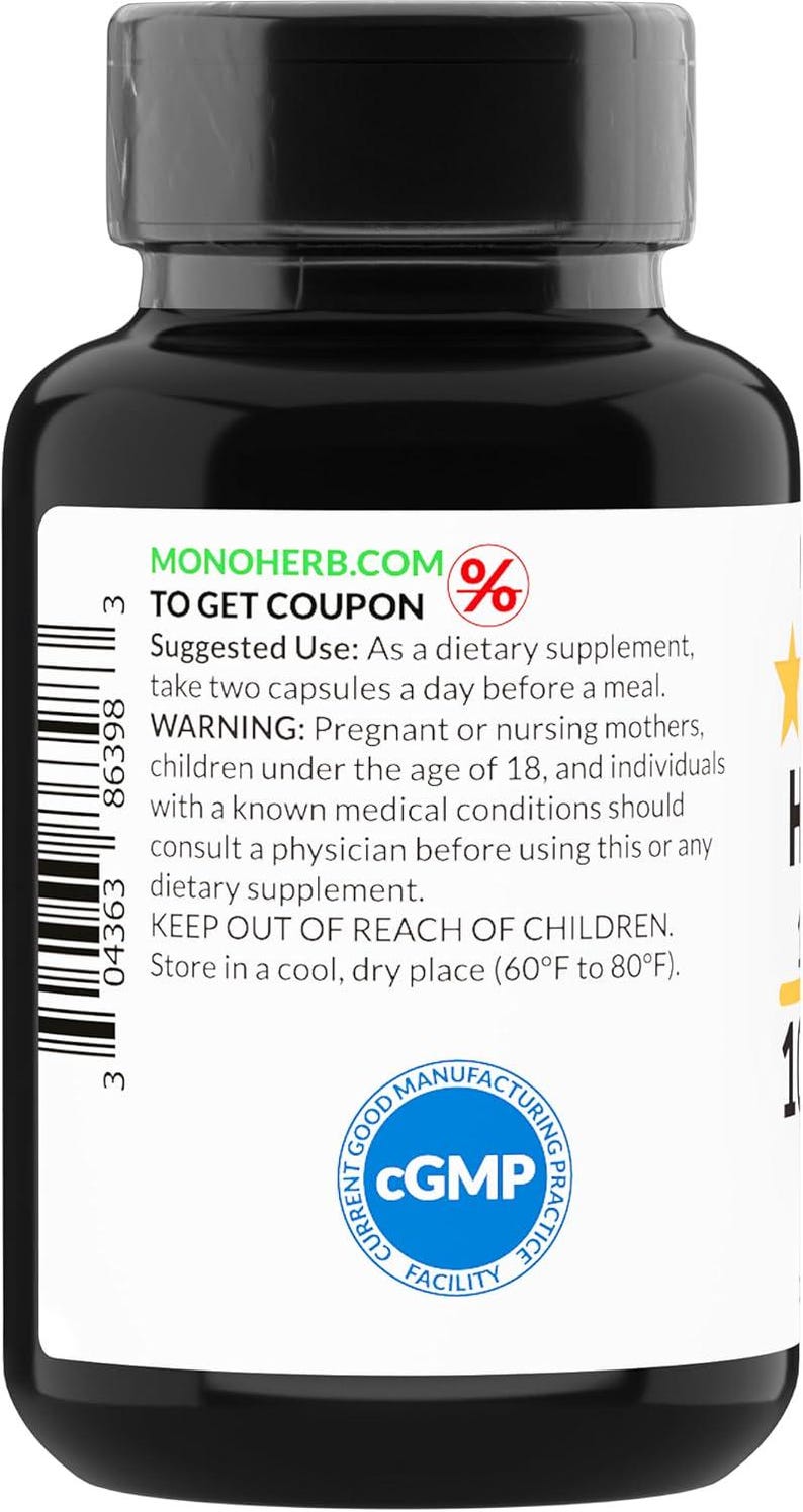 Puede incluir: Una botella de suplemento negra con una etiqueta blanca. La etiqueta incluye el texto "MONOHERB.COM", "TO GET COUPON" e instrucciones de uso. Tambi&eacute;n son visibles un c&oacute;digo de barras y un sello "CGMP". La botella est&aacute; llena de c&aacute;psulas.