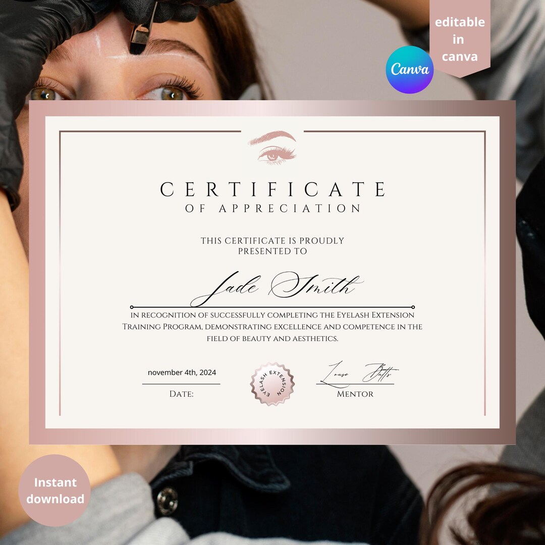 Minimalist Eyelash Extension Certificate | Editable Canva Template ...