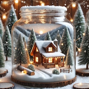 Op de afbeelding: Een miniatuur winterlandschap in een glazen pot. Een met sneeuw bedekte hut met verlichte ramen staat tussen miniatuur dennenbomen. De pot staat op een houten basis, met een besneeuwd landschap en bergen op de achtergrond.