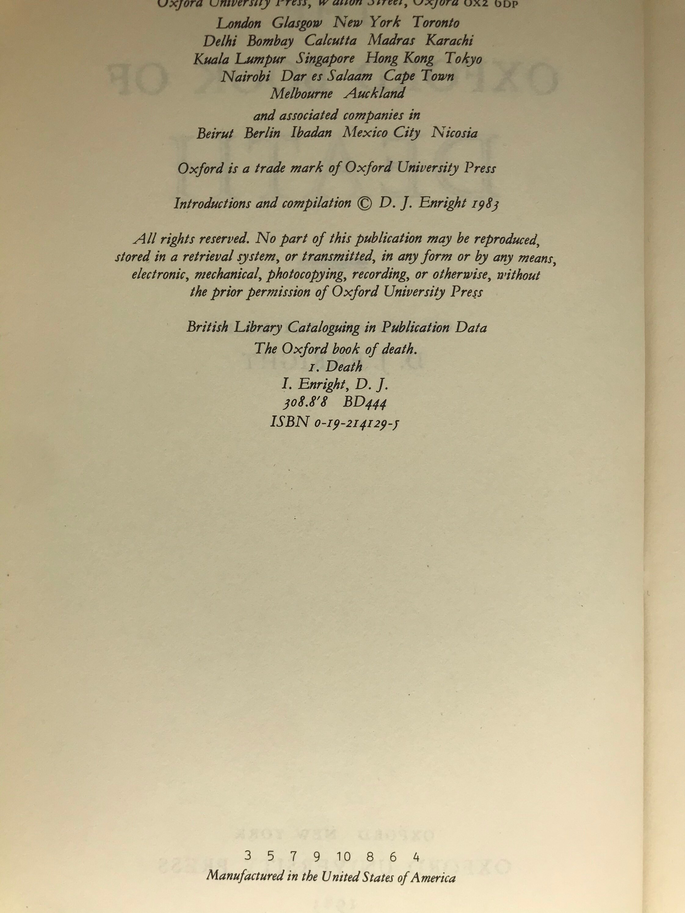 The Oxford Book of Death de D.J. Enright 1983 Oxford Etsy