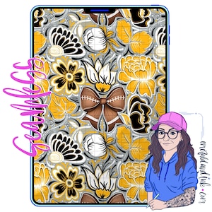 May include: A digital art design featuring a floral pattern in yellow, black, and white on a gray grid background. A brown football-shaped bow is centered among the flowers. The word "Emerald" is written in pink cursive on the left side.