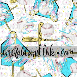May include: A seamless pattern featuring baseballs, bats, and home plates with a dripping ice cream cone design in pink, blue, and yellow colors. The background is white with colorful sprinkles.