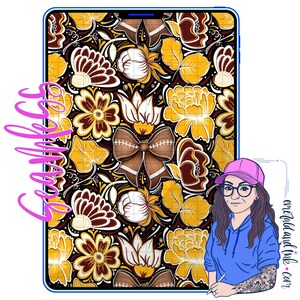 May include: A digital illustration of a smartphone displaying a floral pattern with yellow, brown, and white flowers. The design includes a bow and leaves. The word "Emerald" is written in pink cursive on the left side of the phone. A woman with glasses and a pink cap is on the right.