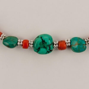 Antique Tibetan Turquoise with Orange Coral and Silver Beads