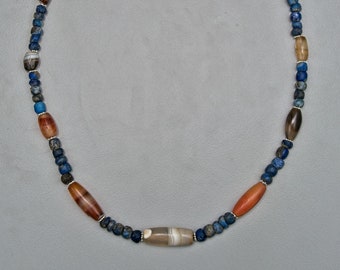 Ancient Agate Barrel Beads, Carnelian, and Lapis with Silver Spacers