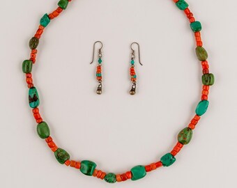 Antique Tibetan Turquoise with Coral and Matching Earrings