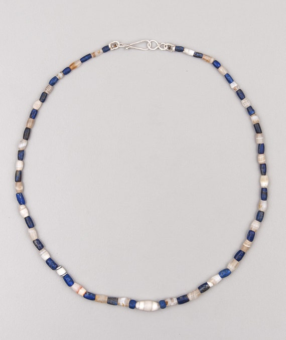 Ancient White Agate Barrel Beads with Lapis Lazuli