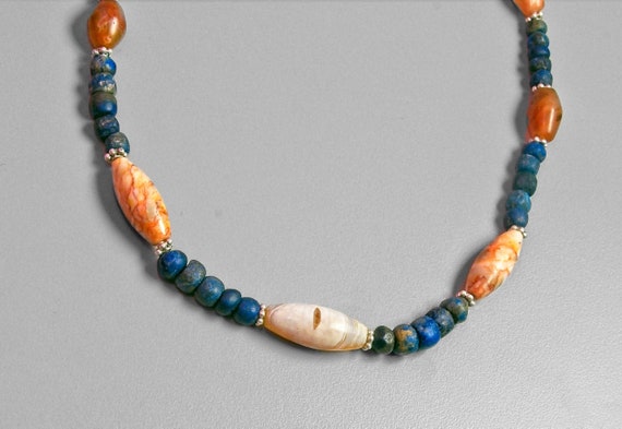 Ancient Barrel Shaped Agate Beads with Lapis Lazu… - image 1