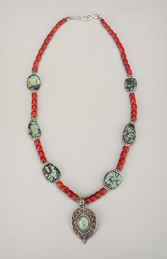 Antique Tibetan Turquoise with Red Coral and Silve