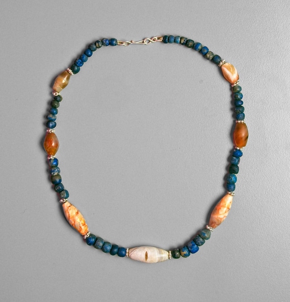 Ancient Barrel Shaped Agate Beads with Lapis Lazu… - image 2