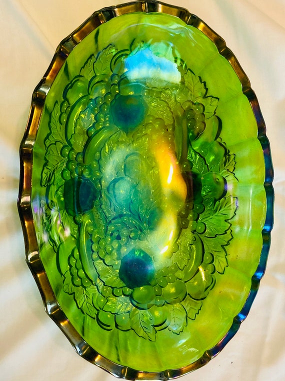 Vintage Jeannette Carnival Glass Blue Green Footed Fruit Bowl Home decor