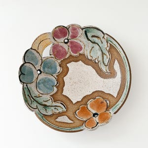 Signed Judy Brater Art Pottery Cut-Out Bowl: Colorful Flowers, Wall Hanging Decor