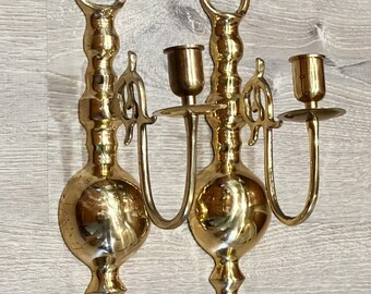 Vintage Solid Brass 12” Inch Wall Sconce Candle Holders Set Of 2 Mid Century Modern Style Classic Decor