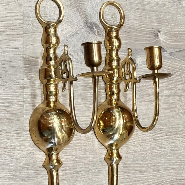 Vintage Solid Brass 12” Inch Wall Sconce Candle Holders Set Of 2 Mid Century Modern Style Classic Decor