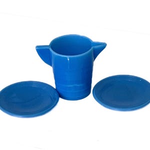 Adorable Antique Blue Akro Agate Glass Children’s Collectable Mini Tea Set Pieces, 3” Inch Pitcher and Two Mini Plates.
