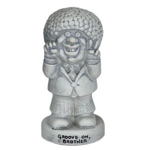 Funny Vintage Mid Century Wise Guy Corp. Resin Collectable Character Figurine Statue Titled “Groove On Brother” Giving Peace Sign.