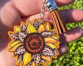 Sunflower Keychain, Sunflower, Sunflower Leopard Keychain, Keychain, Leopard, Western Keychain, Western
