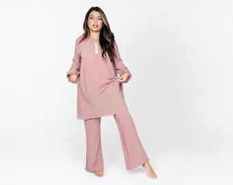 Conjunto de salón sencillo para mujer | Túnica larga y pantalón de pierna ancha | Conjunto de dos piezas ligero y transpirable | Pantalón con cintura elástica