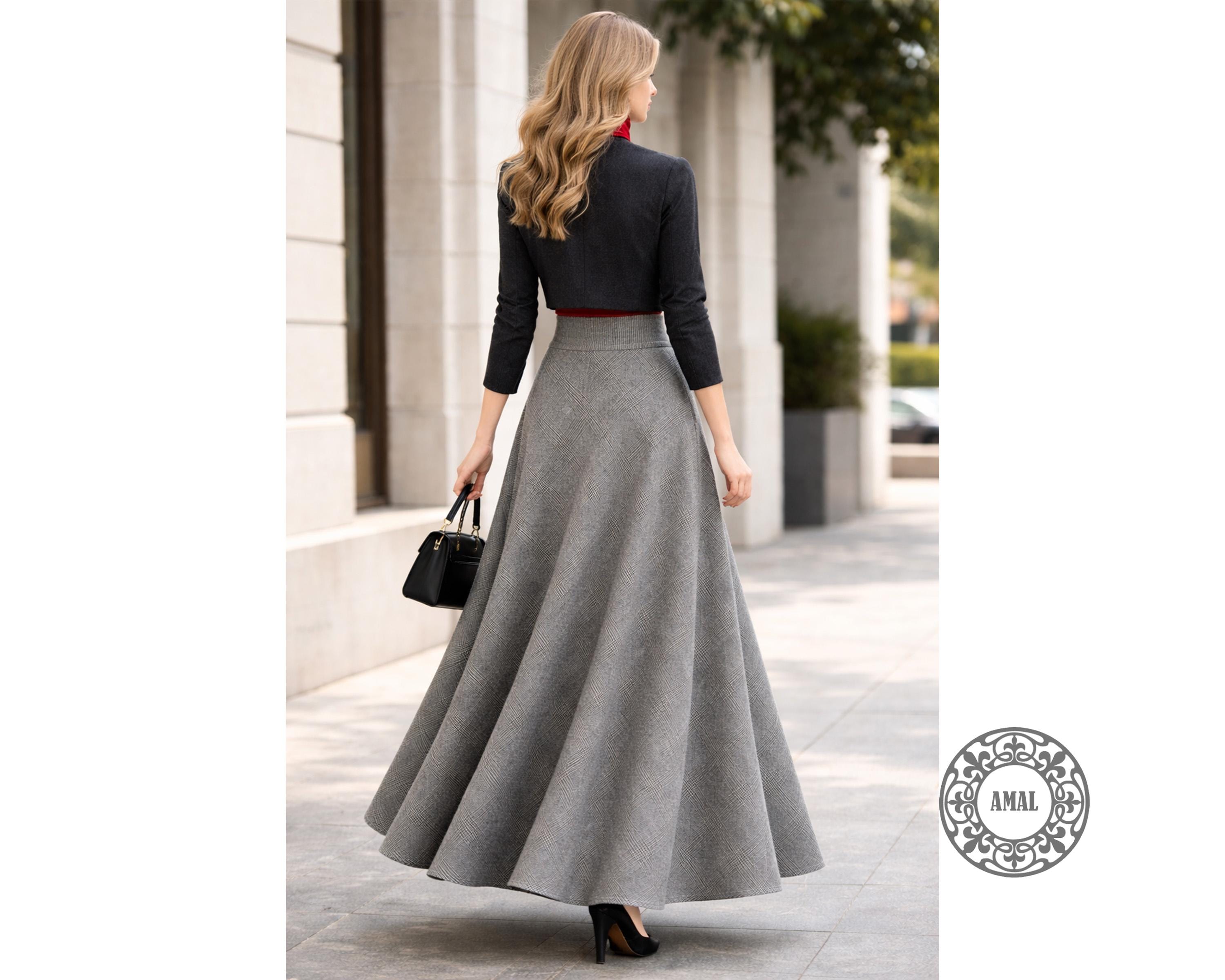 AMAL MUSLIM. Long Gray Plaid Maxi Skirt, Bias Cut A-line Skirt