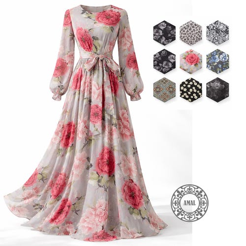 Amal Muslim. Long Lined Chiffon Maxi Dress with Soft Full Skirt and Waist Tie - Elegant Occasion Dress, Model 06. USA