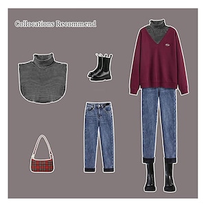 Puede incluir: Una colecci&oacute;n de prendas que incluye una sudadera burdeos con cuello en V, un cuello alto gris, vaqueros azules, botines negros, un cuello postizo a rayas blancas y negras y un bolso de hombro a cuadros rojos. El texto Collocations Recommend es visible.