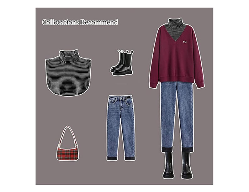 Puede incluir: Una colecci&oacute;n de prendas que incluye una sudadera burdeos con cuello en V, un cuello alto gris, vaqueros azules, botines negros, un cuello postizo a rayas blancas y negras y un bolso de hombro a cuadros rojos. El texto Collocations Recommend es visible.