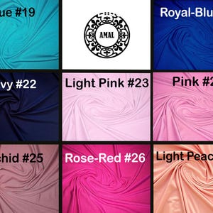 Puede incluir: Una cuadr&iacute;cula de ocho muestras de tela en varios colores, incluyendo azul #19, azul real #21, azul marino #22, rosa claro #23, rosa #24, orqu&iacute;dea #25, rojo rosa #26 y melocot&oacute;n claro #27, con un logo circular central con el texto AMAL.