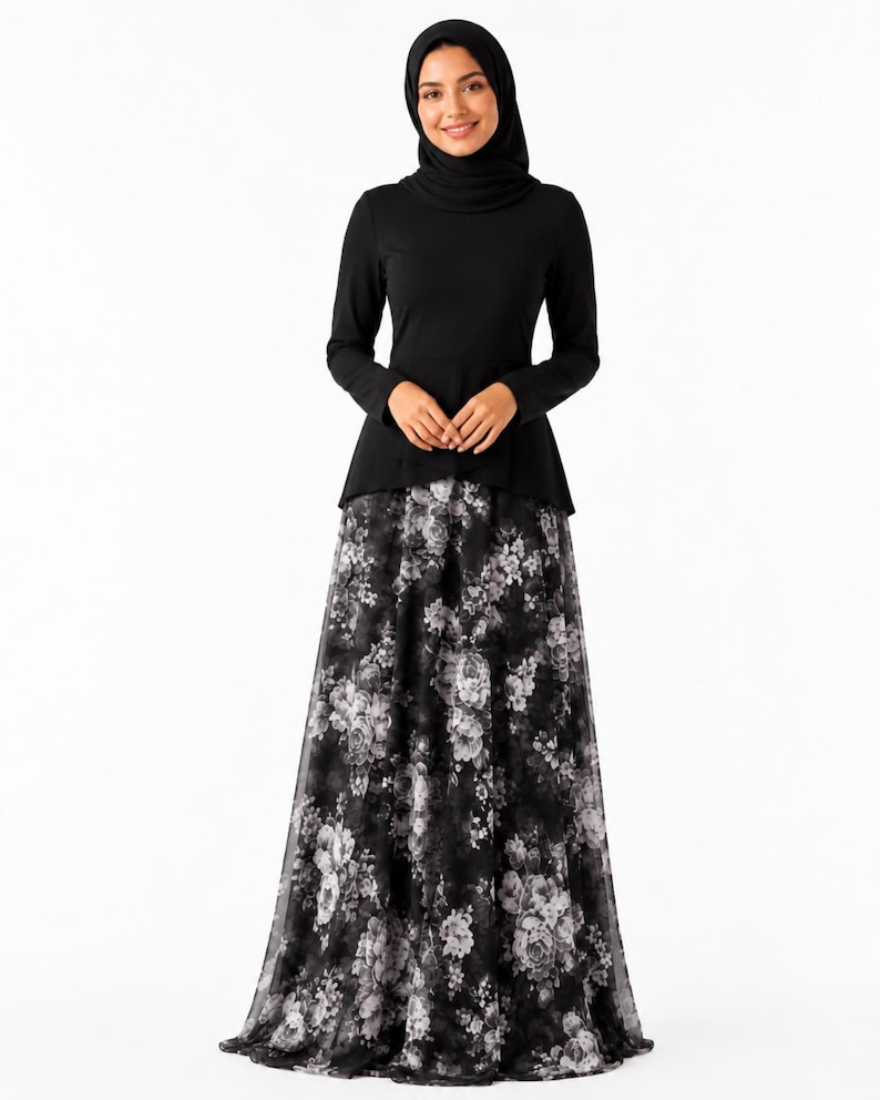 AMAL, Chiffon Maxi Skirt with Full Lining, Semi Circle Flared Long Skirt, Elastic Waist Modest Skirt, Floral Print Skirt for Women M- 113. image 4