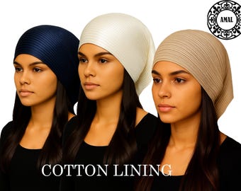 AMAL Muslim. Pleated Turban Cap with Open Back & Elastic | Lightweight Lurex Shine Headwrap | Soft Cotton Lining, USA