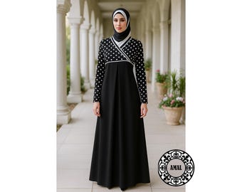 AMAL MUSLIM. Polka Dot Maxi Dress • Modest Long Sleeve Abaya • Jilbab Dress • Islamic Clothing.  USA. Model 57