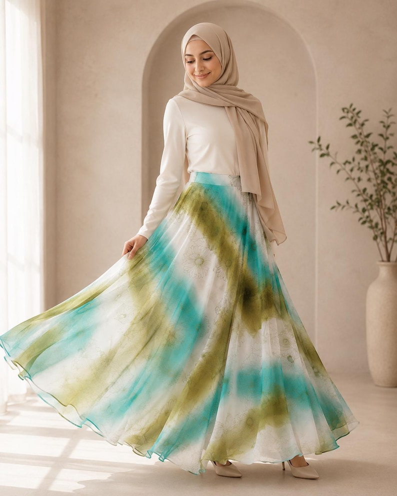 AMAL, Chiffon Maxi Skirt with Full Lining, Semi Circle Flared Long Skirt, Elastic Waist Modest Skirt, Floral Print Skirt for Women M- 113. image 17