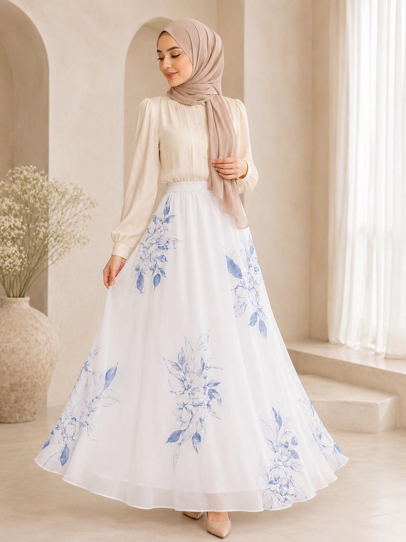 AMAL, Chiffon Maxi Skirt with Full Lining, Semi Circle Flared Long Skirt, Elastic Waist Modest Skirt, Floral Print Skirt for Women M- 113. image 15