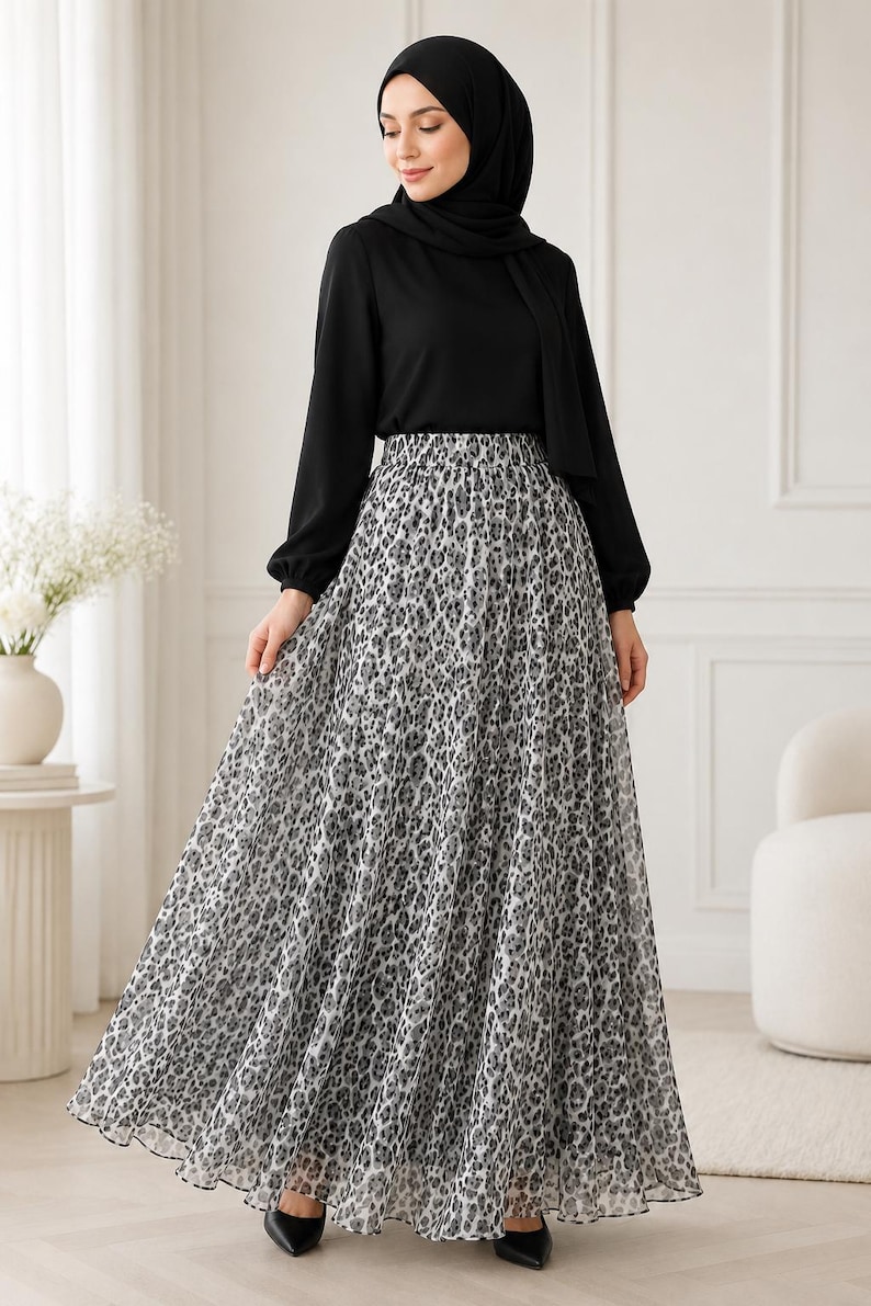 AMAL, Chiffon Maxi Skirt with Full Lining, Semi Circle Flared Long Skirt, Elastic Waist Modest Skirt, Floral Print Skirt for Women M- 113. image 13