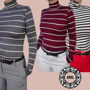 AMAL Muslim. Women&#39;s Basic Striped Turtleneck. Long Sleeve. Cotton. USA. Model B20.
